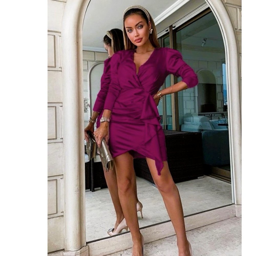 Purple Satin Silk Long Sleeve V-Neck Bodycon Mini Dress - Picture 9 of 12